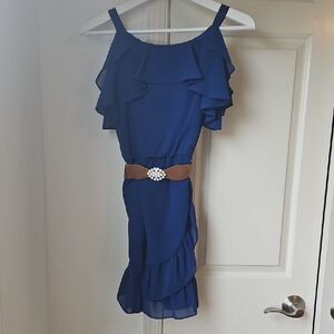 Elegant Blue Ruffle Dress with Belt